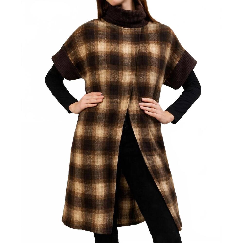 NEW TRISHA TYLER turtle neck tunic in brown plaid